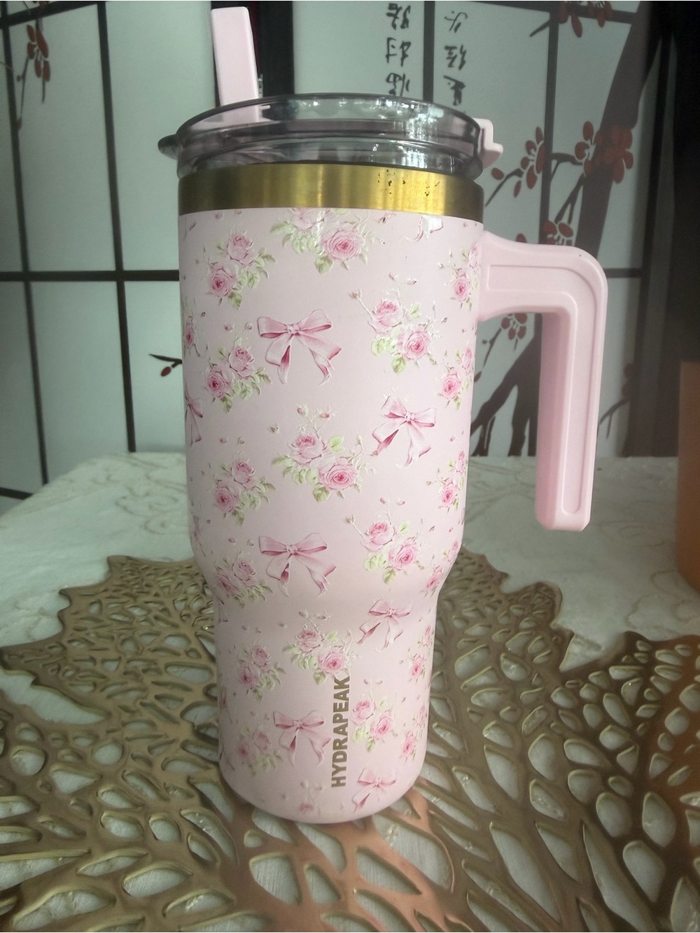 Pink Floral Travel Mug with Handle and Clear Lid